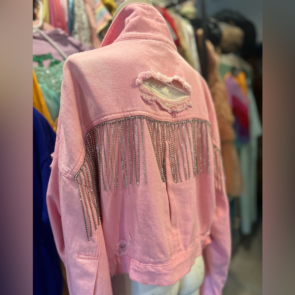 Pink Diamond Fringe Distressed Denim Jacket - Picture 4 of 16